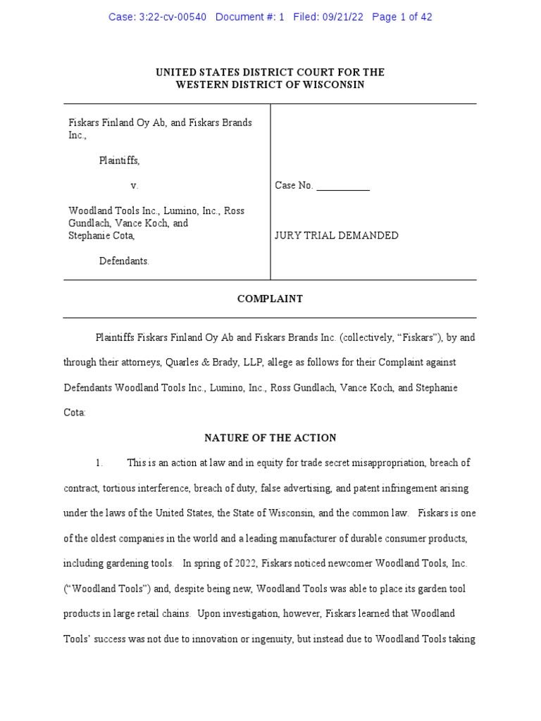 Fiskars v. Woodland Complaint PDF Trade Secret Patent