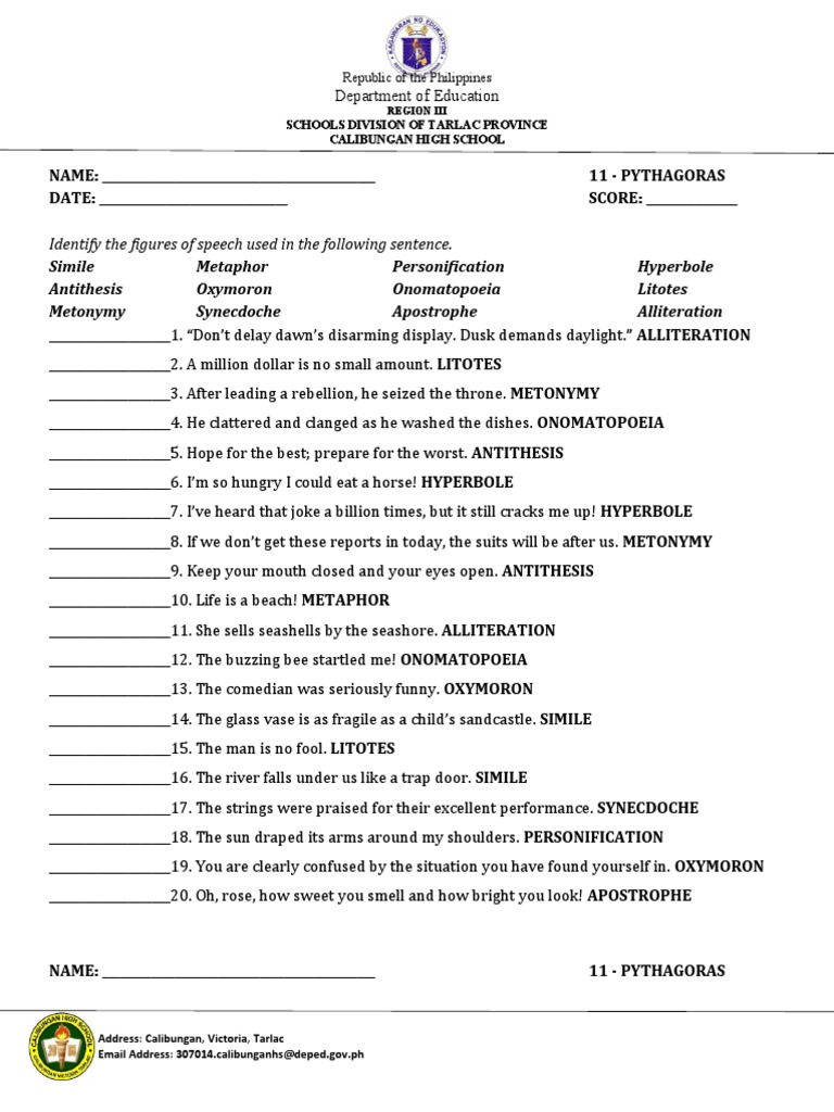 Figures of Speech Quiz PDF Linguistics Lexicology