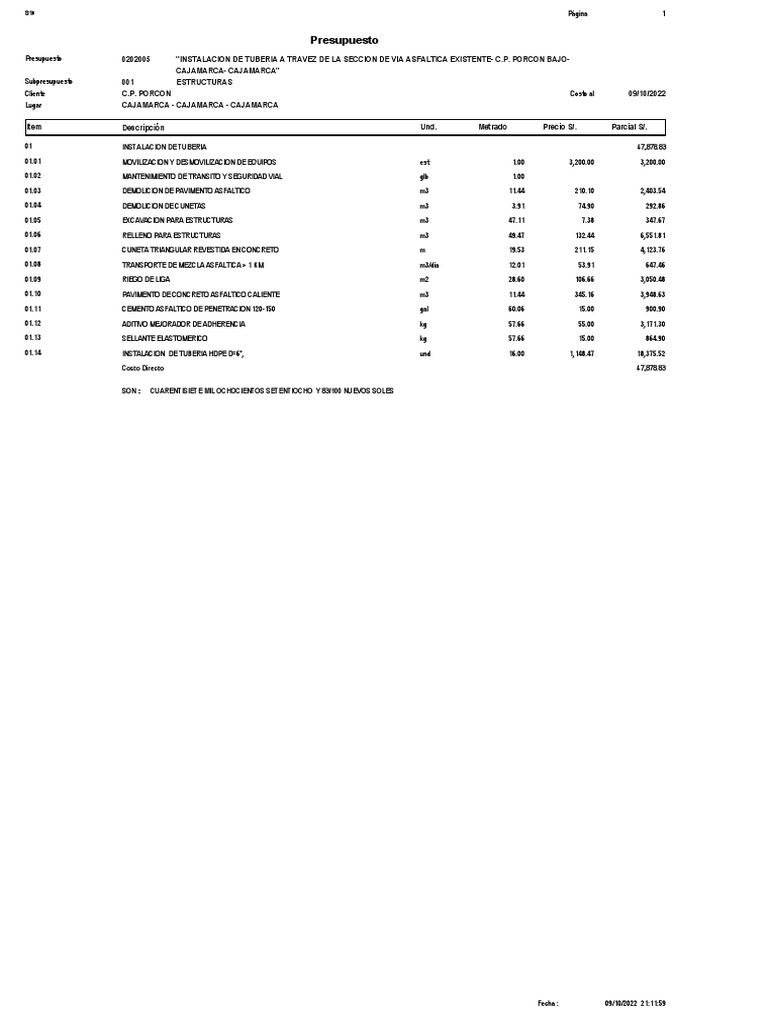 PRESUPUESTO GENERAL Seccion Via | PDF | Transporte por carretera