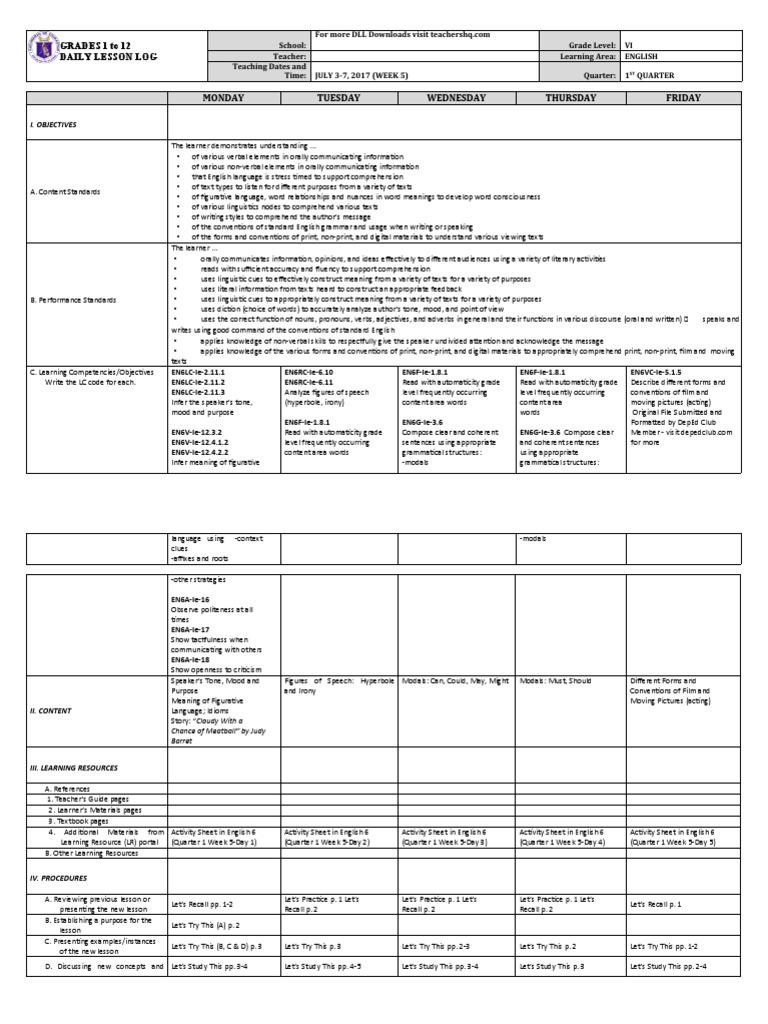 Grade 6 Dll English 6 Q1 Week 5 Download Free Pdf Word Reading