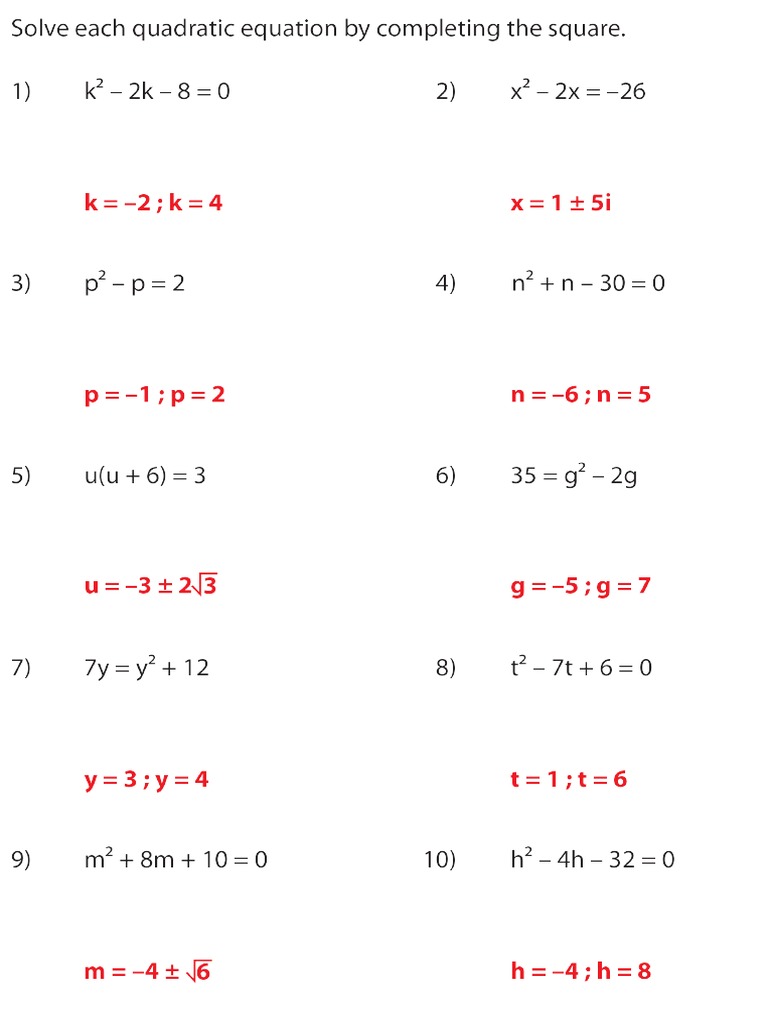 Completing The Square Worksheet Answers | PDF