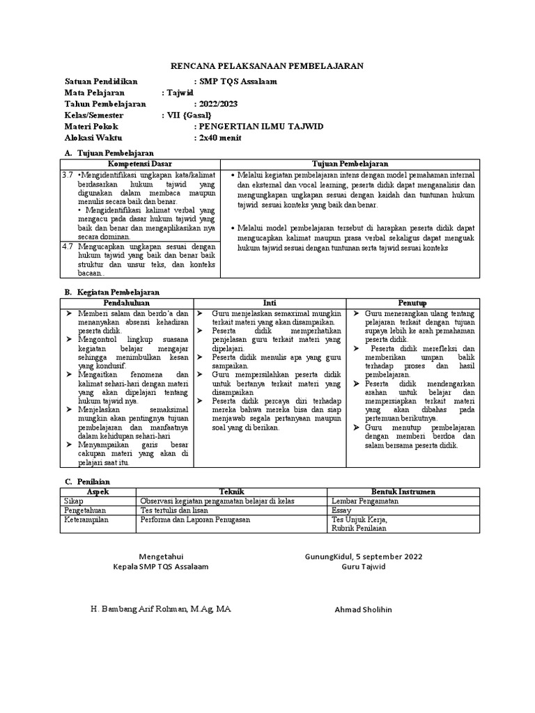 RPP Tajwid Kelas 7 - 1 | PDF