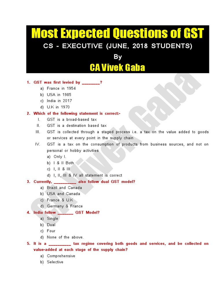 Gst Mcq By Vg Pdf Value Added Tax Invoice