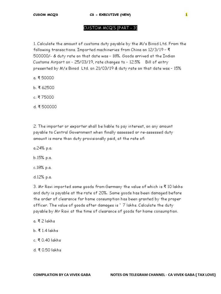 Custom MCQ 3 by VG PDF Customs Trade