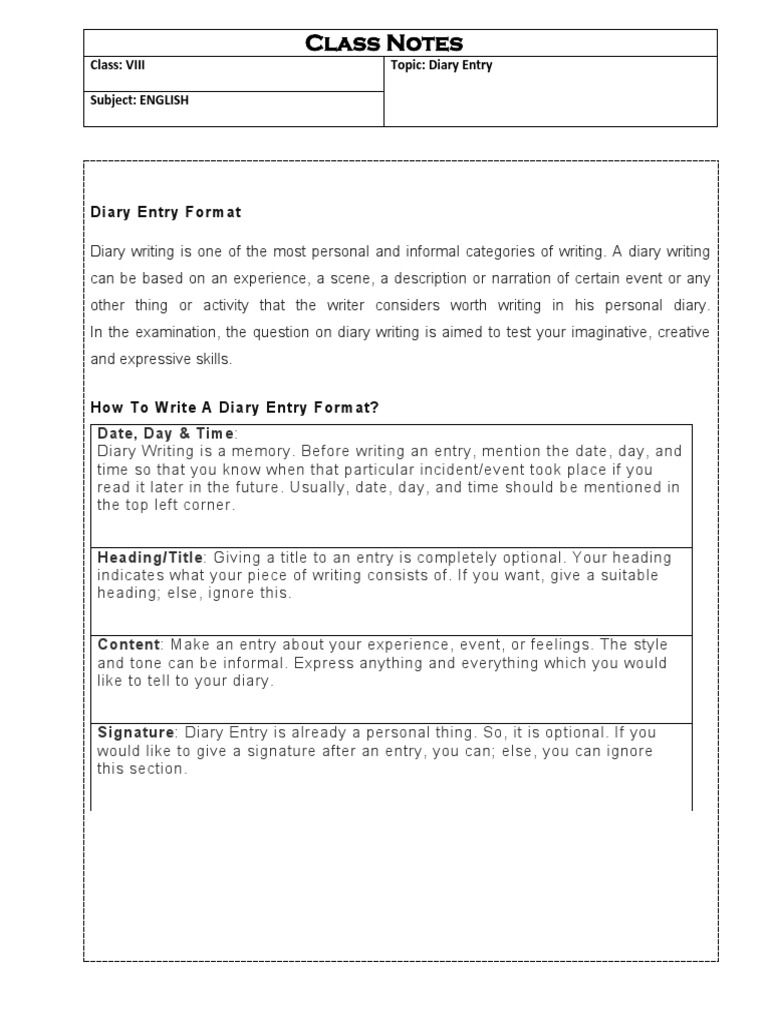 Diary Entry Notes PDF Diary Experience