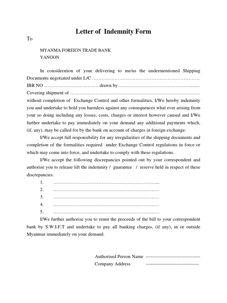 Letter of Indemnity Form PDF