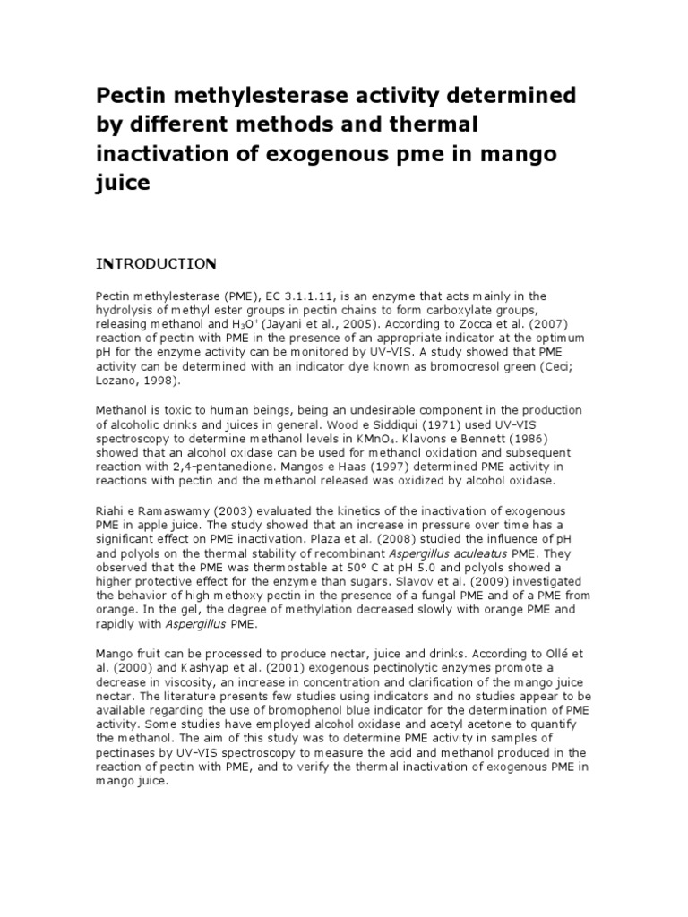 Comparing Methods for Determining Pectin Methylesterase Activity and Thermal Inactivation of