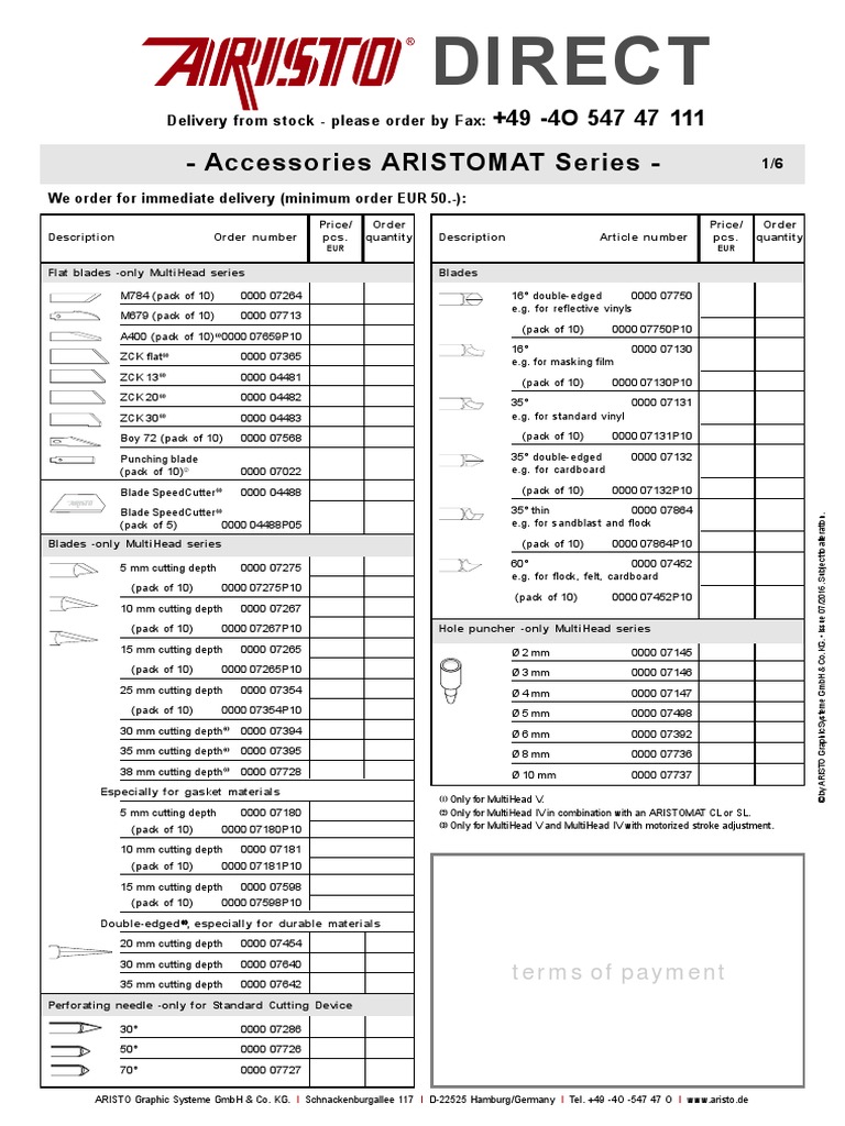 ARISTO Accessories Order Guide | PDF | Manufactured Goods | Equipment