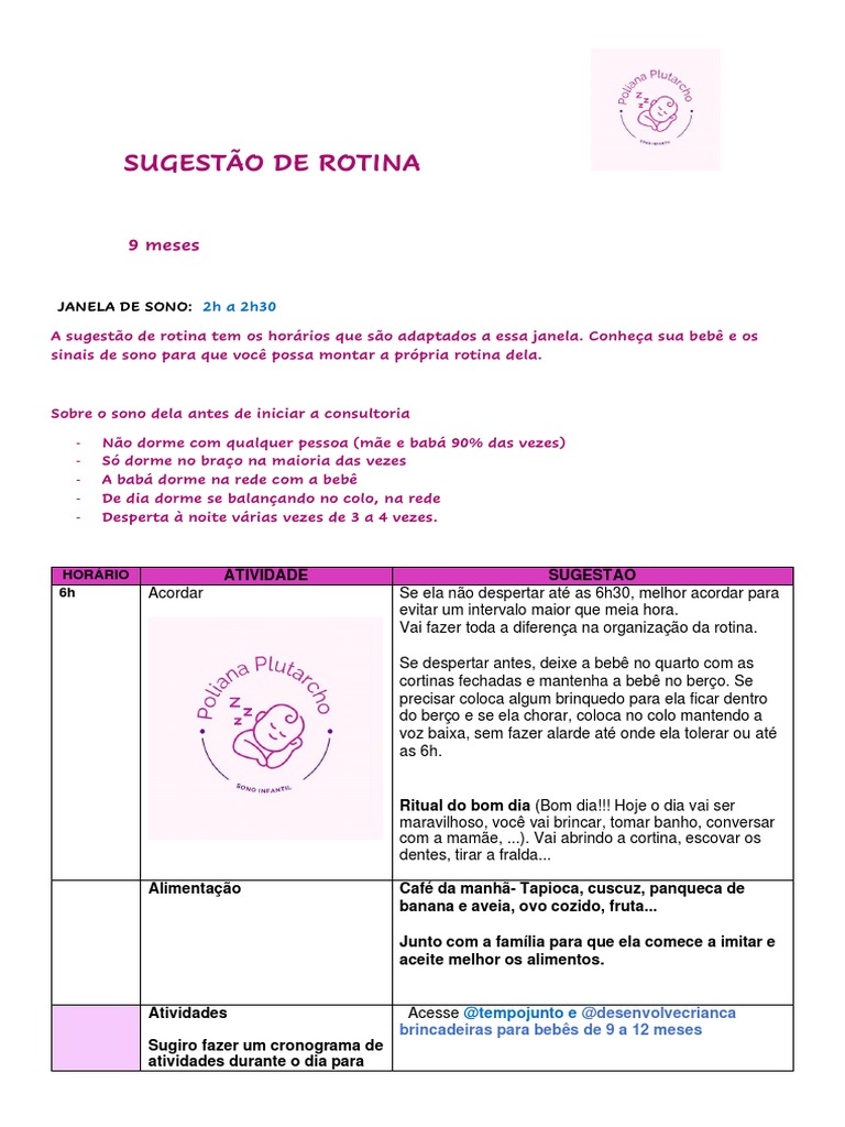 Rotina De Sono Mentoria Ajustada 9 A 12 Meses Pdf Dormir Amamentação