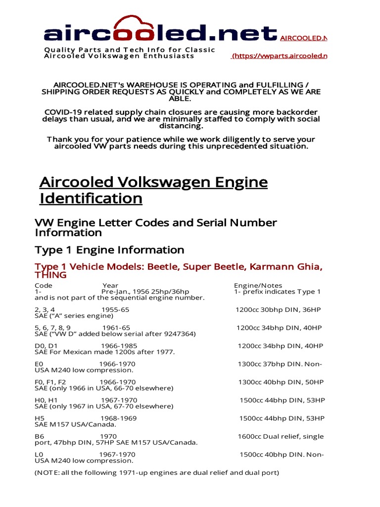 Aircooled Volkswagen Engine Identification - VW Parts For Aircooled