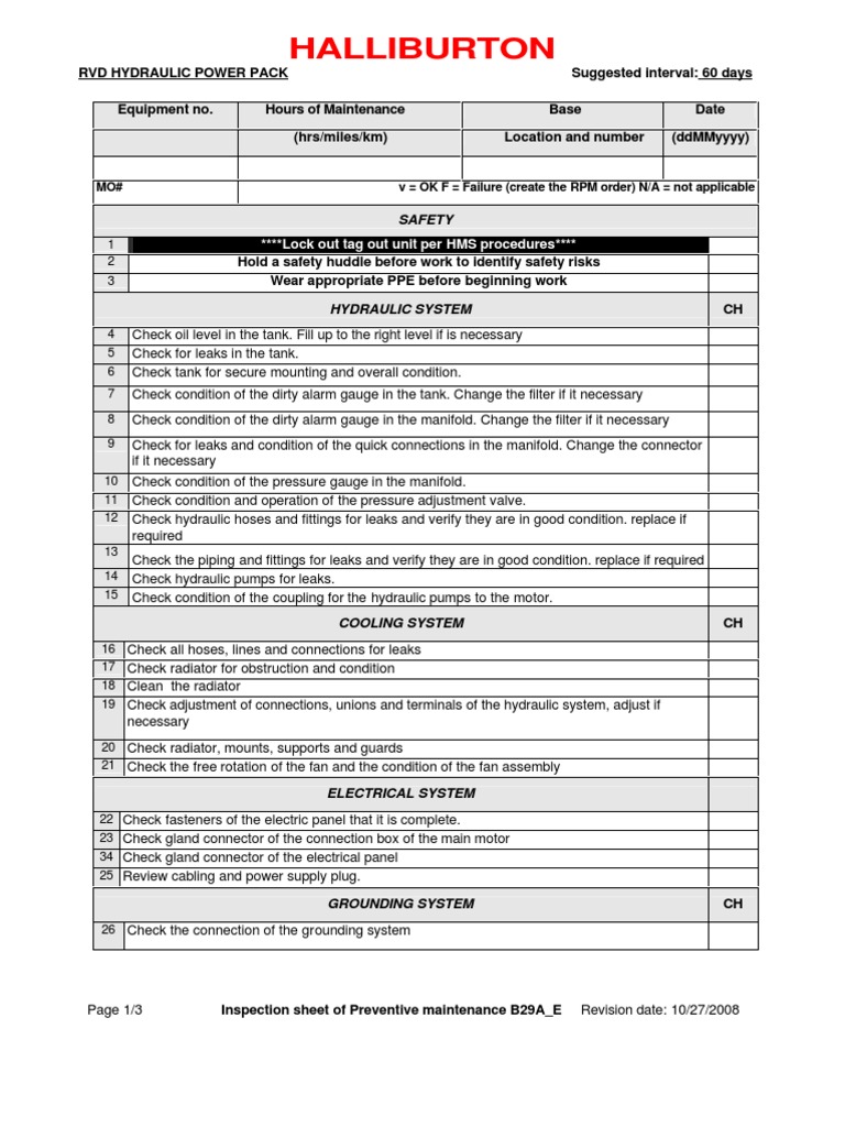 Halliburton RVD Hydraulic Power Pack Maintenance Checklist PDF Leak