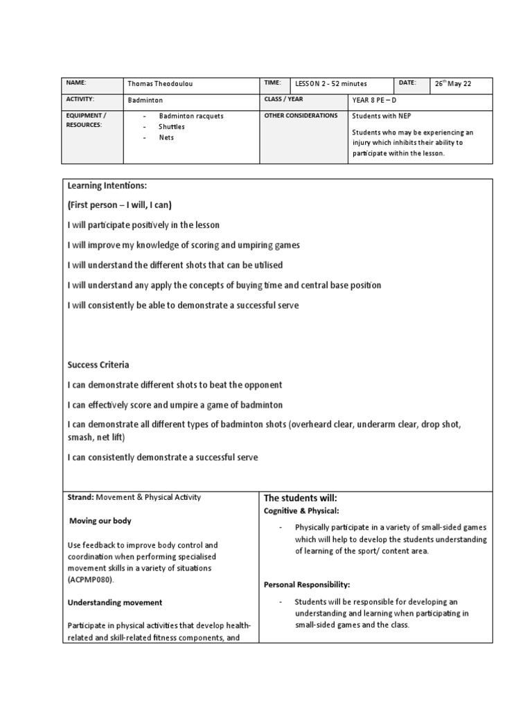 Lesson Plan 2 - Badmintion Yr 8 | PDF | Education Theory | Cognition