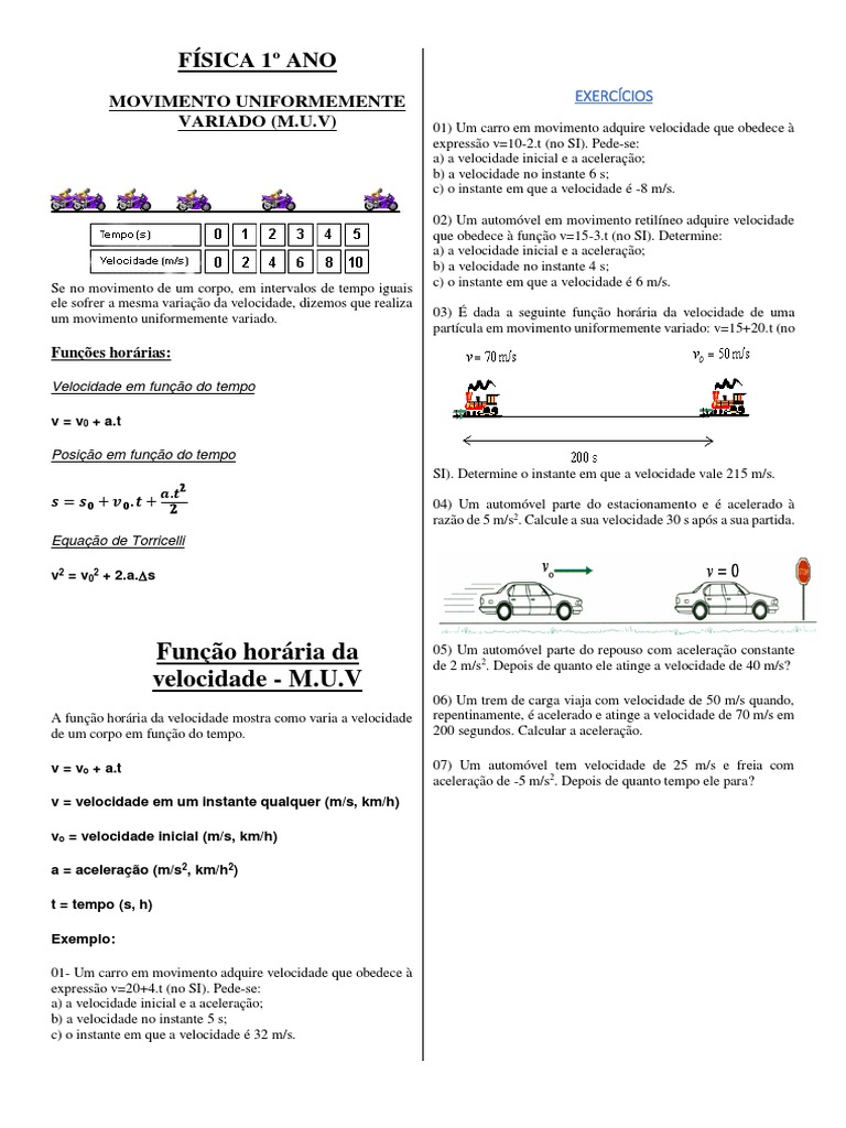 Função horária da velocidade e exercícios sobre movimento uniformemente ...
