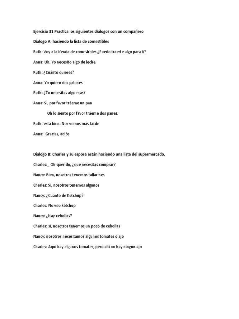 Ejercicio 31 Practica Los Siguientes Diálogos Con Un Compañero | PDF