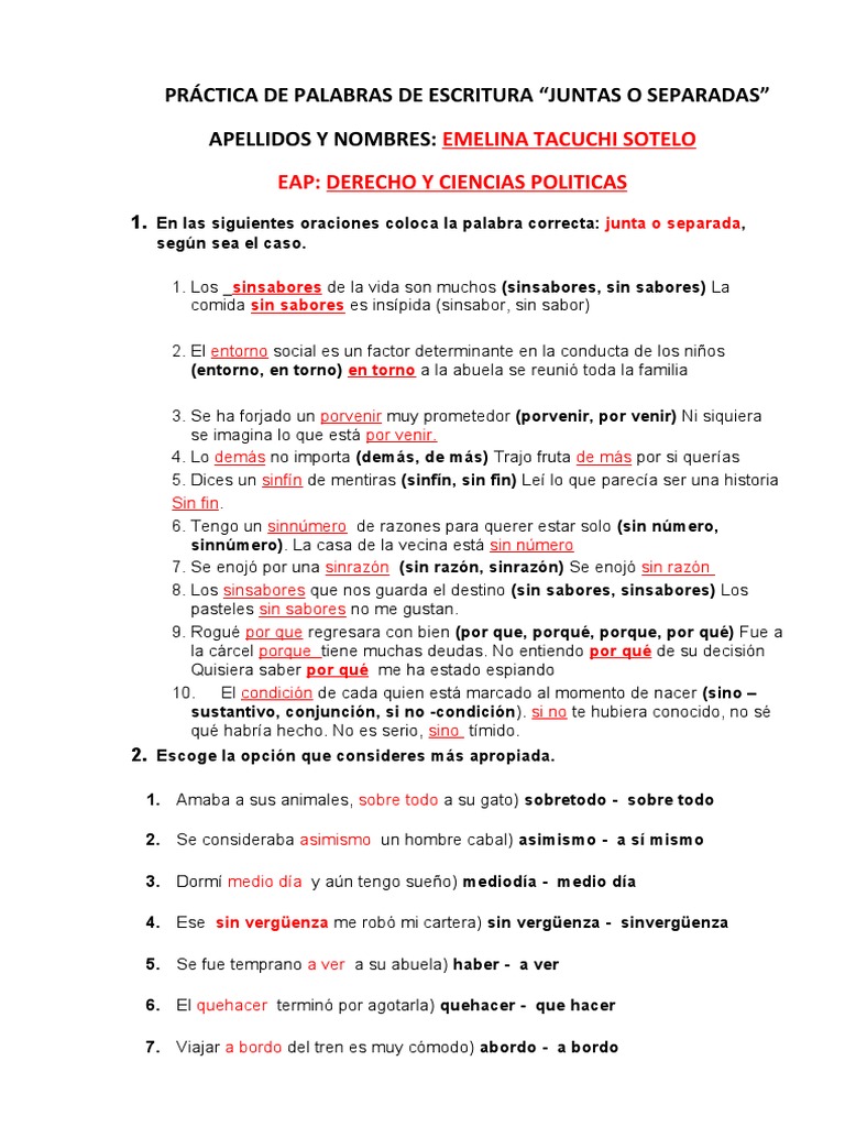 Practica de Escritura Juntas o Separadas | PDF