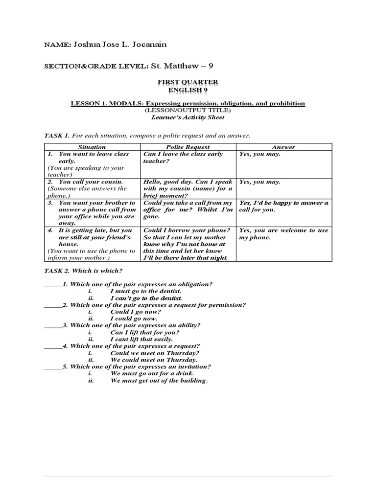 Lesson 1 Modals Expressing Permission Obligation And Prohibition Pdf