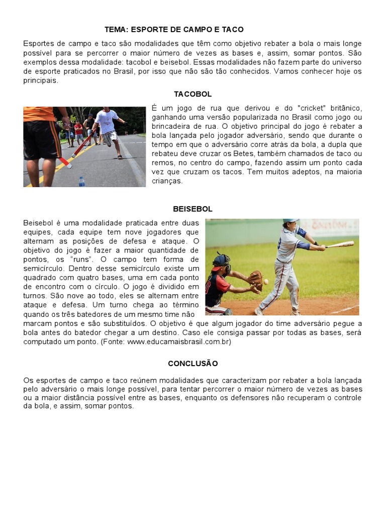 Esportes de Campo e Taco: Tacobol e Beisebol | PDF | Entretenimento | Jogos