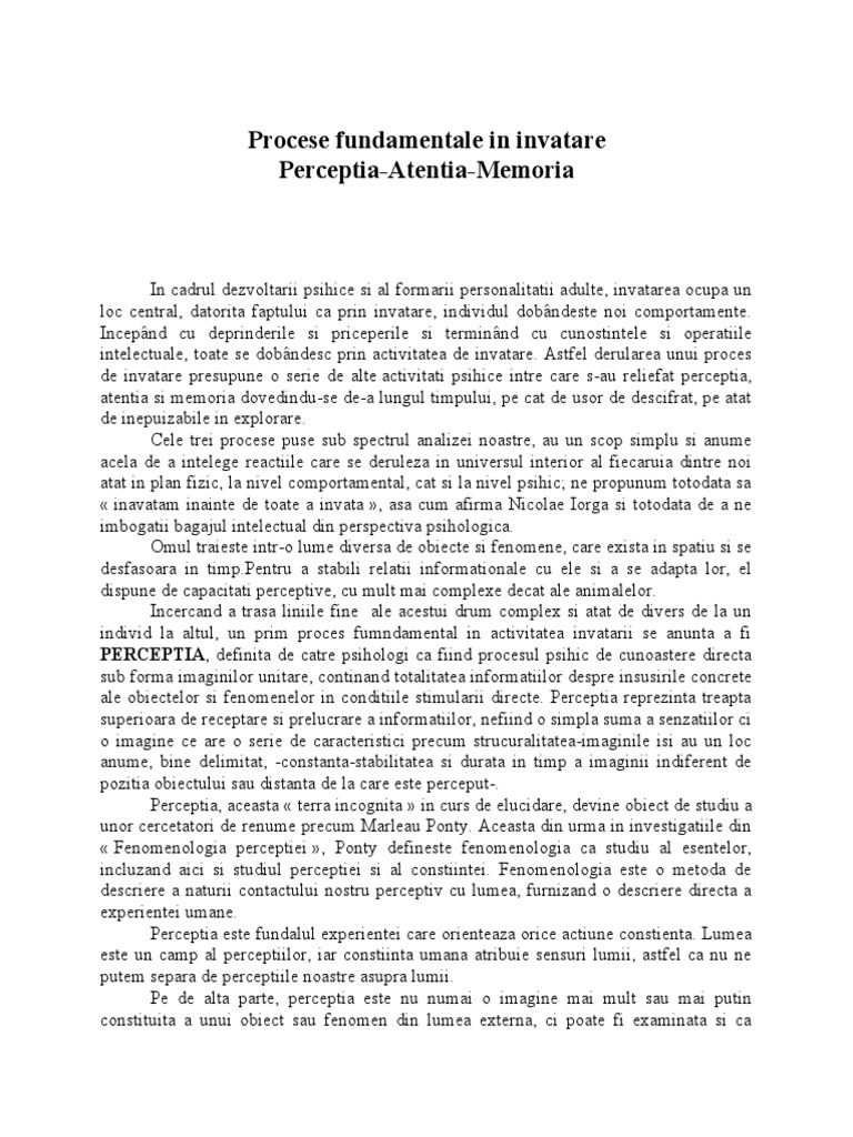 Procese Fundamentale in Invatare - Perceptia, Atentia, Memoria | PDF