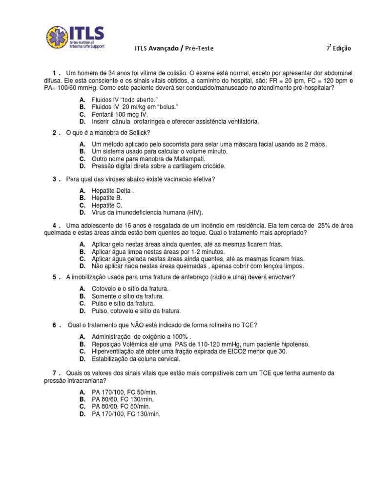 Pré-Teste ITLS Avançado 7ª Edição | PDF | Choque (circulatório ...
