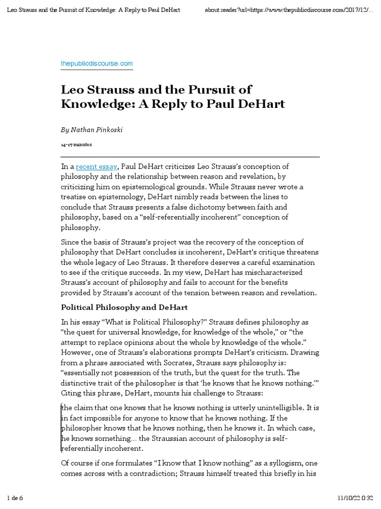 Leo Strauss and The Pursuit of Knowledge - A Reply To Paul DeHart | PDF ...
