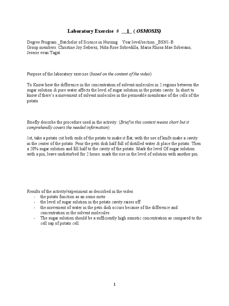 Biochemistry Laboratory Exercise #1 Osmosis | PDF | Osmosis | Physical ...
