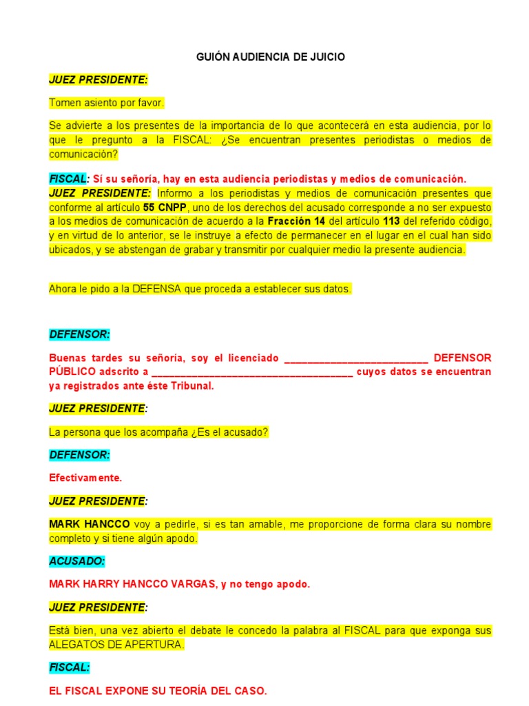 Guion de Audiencia de Juicio Oral | PDF | Justicia | Crimen y violencia