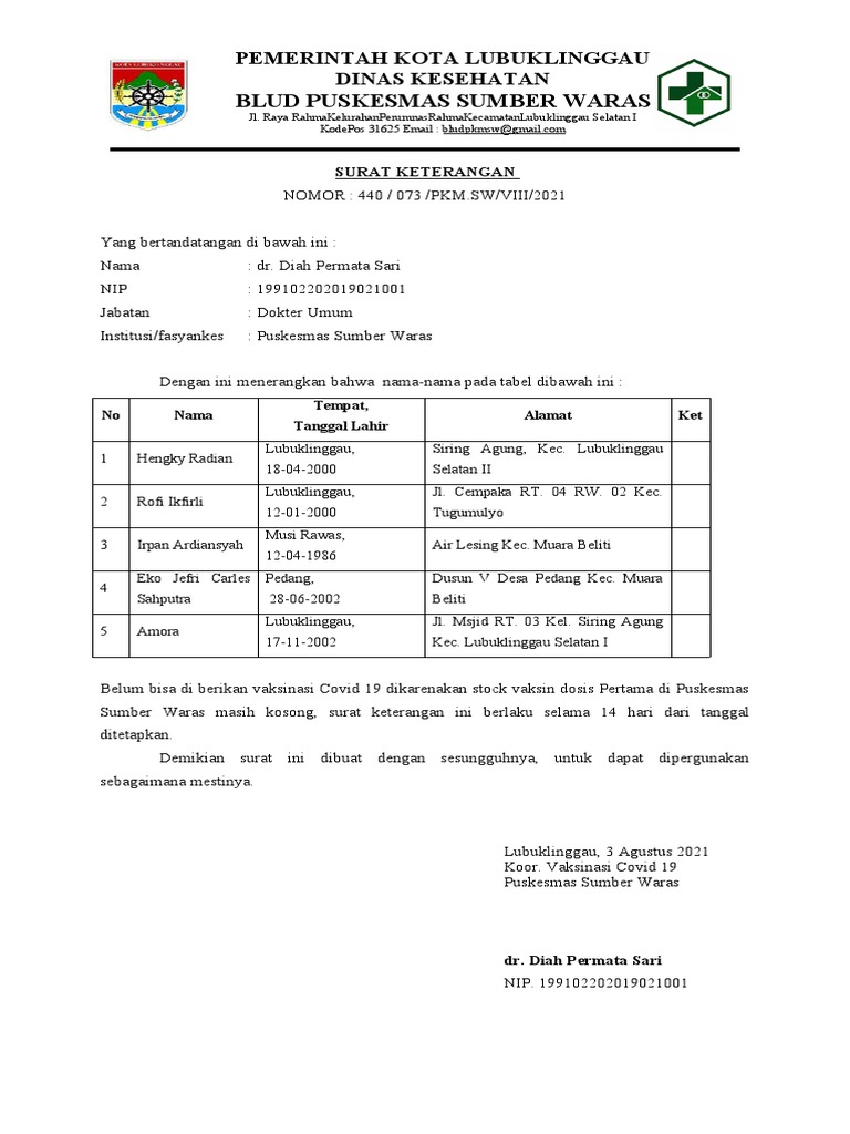 Surat Pernyataan Penundaan Vaksin | PDF
