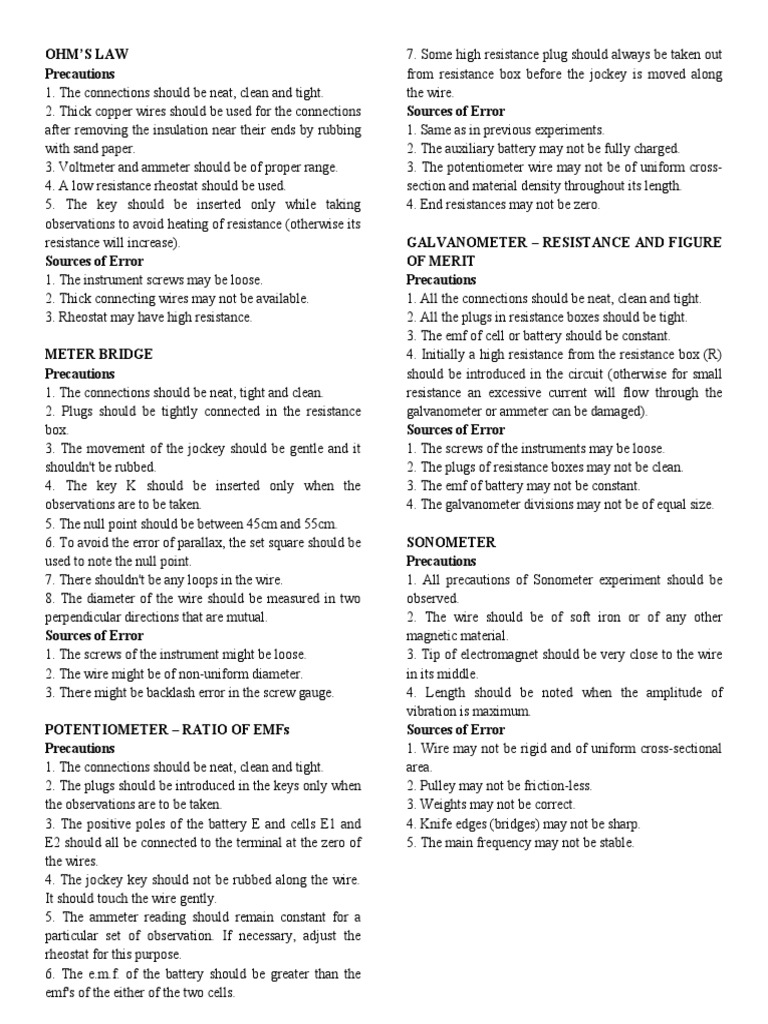 Errors and Precautions in Electricity Experiments | PDF | Electrical ...