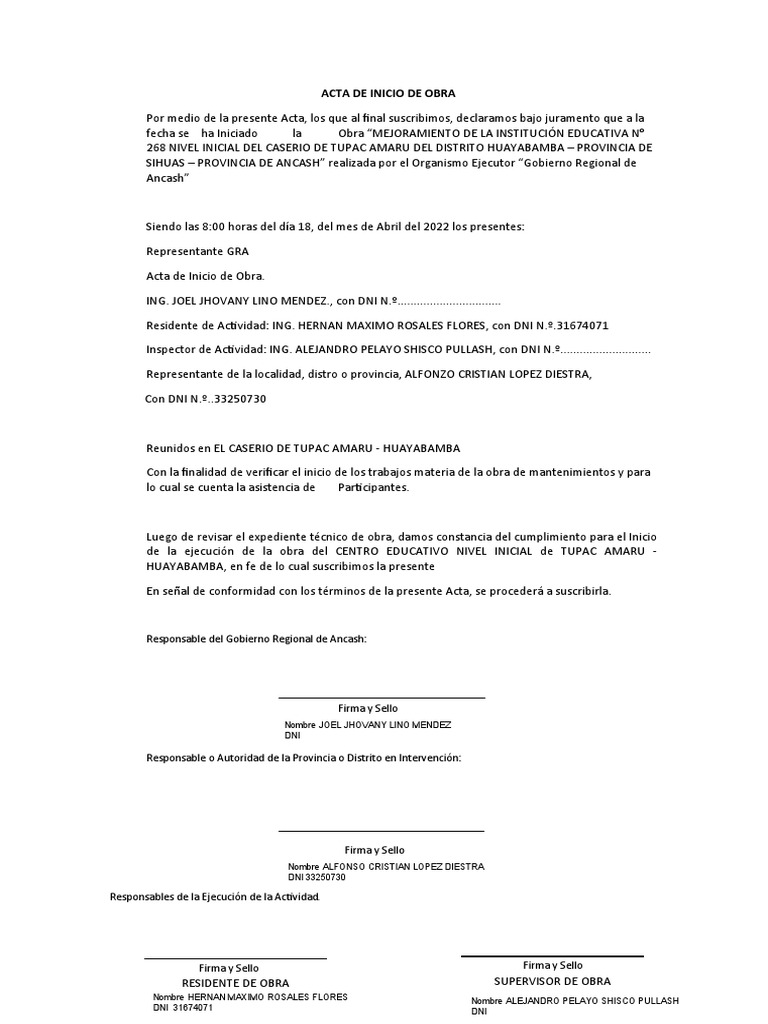 Acta de Inicio de Mejoramiento Educativo | PDF | Ciencias sociales ...