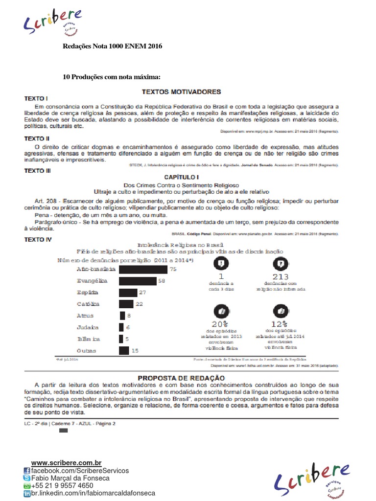 Intolerância Religiosa: Redações Nota 1000 ENEM 2016 | PDF | Liberdade ...
