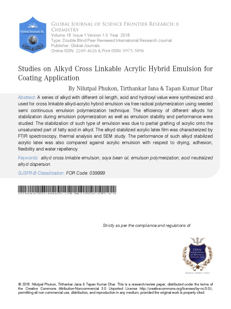 Studies On Alkyd Cross Linkable Acrylic Hybrid Emulsion For Coating