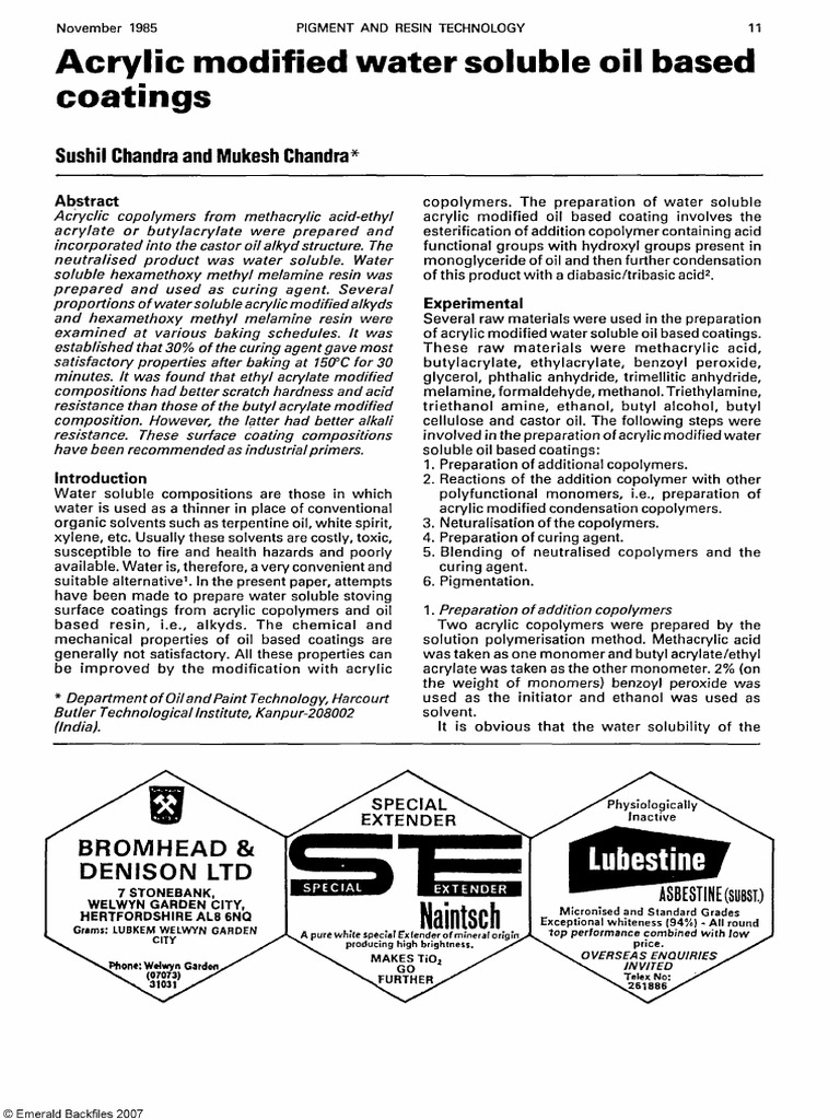 Acrylic Modified Water Soluble Oil Based Coatings | PDF | Paint | Solvent