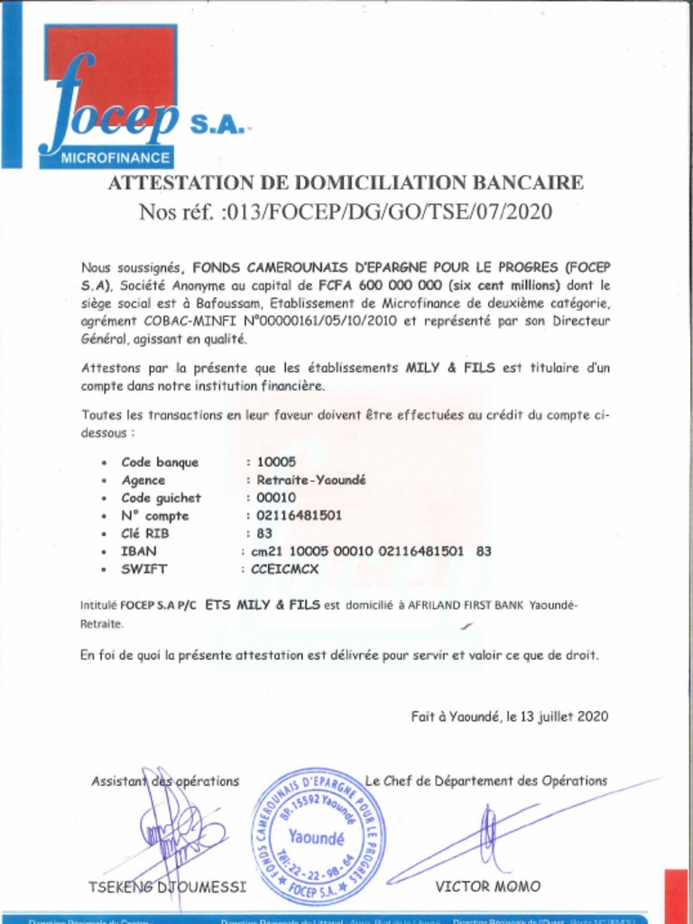 Attestation de Domiciliation Bancaire1 PDF