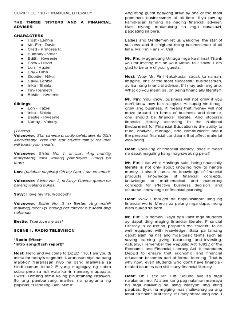 Script Ed 110 - Financial Literacy | PDF