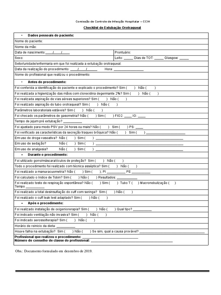 Checklist de Extubação Orotraqueal | PDF | Epidemiologia | Causas de morte