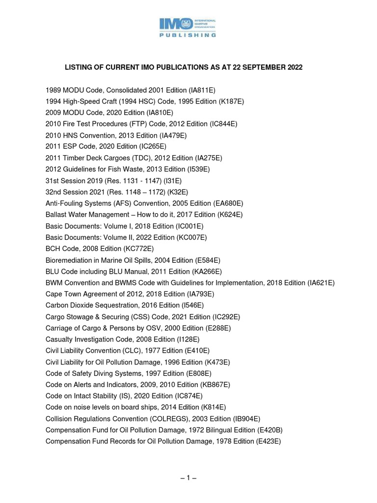 Listing of Current Imo Publications at 22 September 2022 PDF