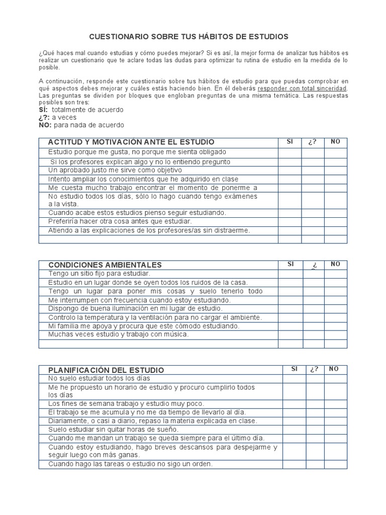 Cuestionario de Hábitos de Estudio | PDF | Prueba (evaluación ...