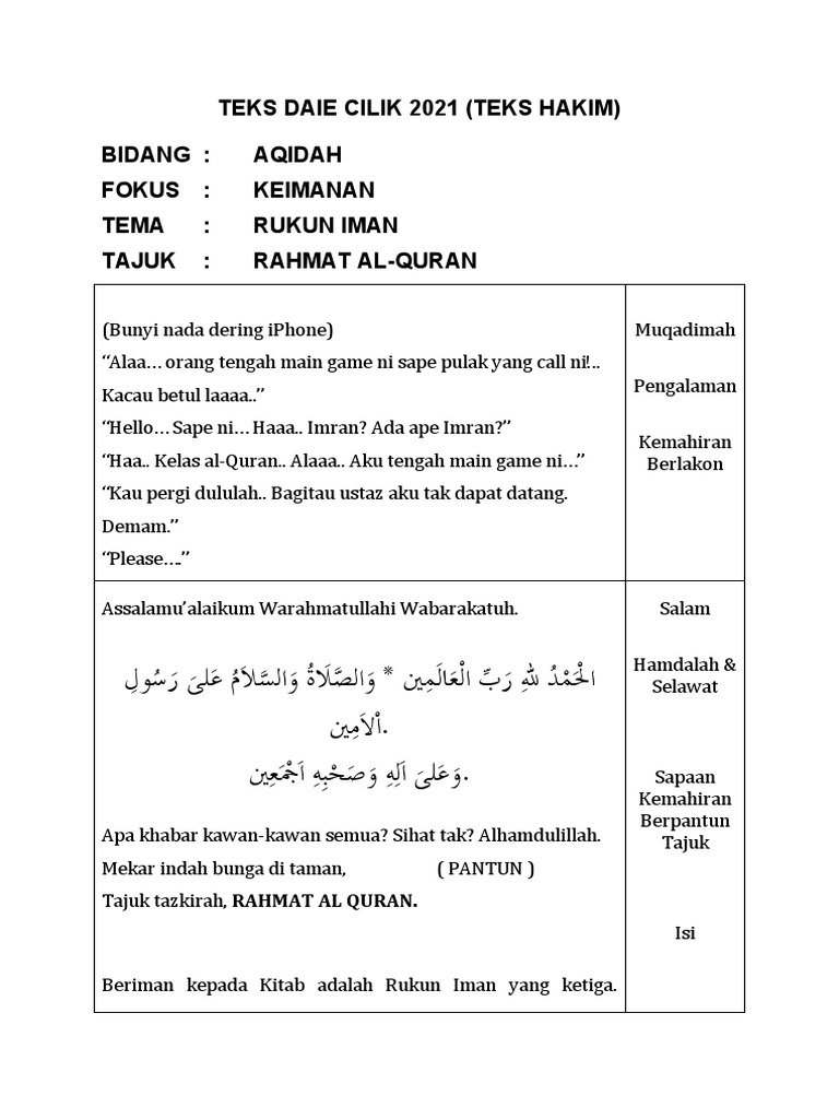 Teks Daie Cilik 2021 (Rahmat Al-Quran) | PDF