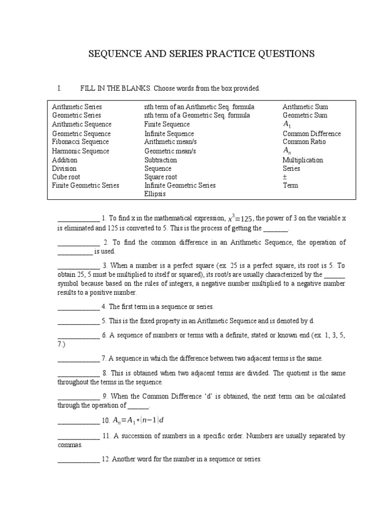 Sequences and Series Practice Questions | PDF | Sequence | Numbers