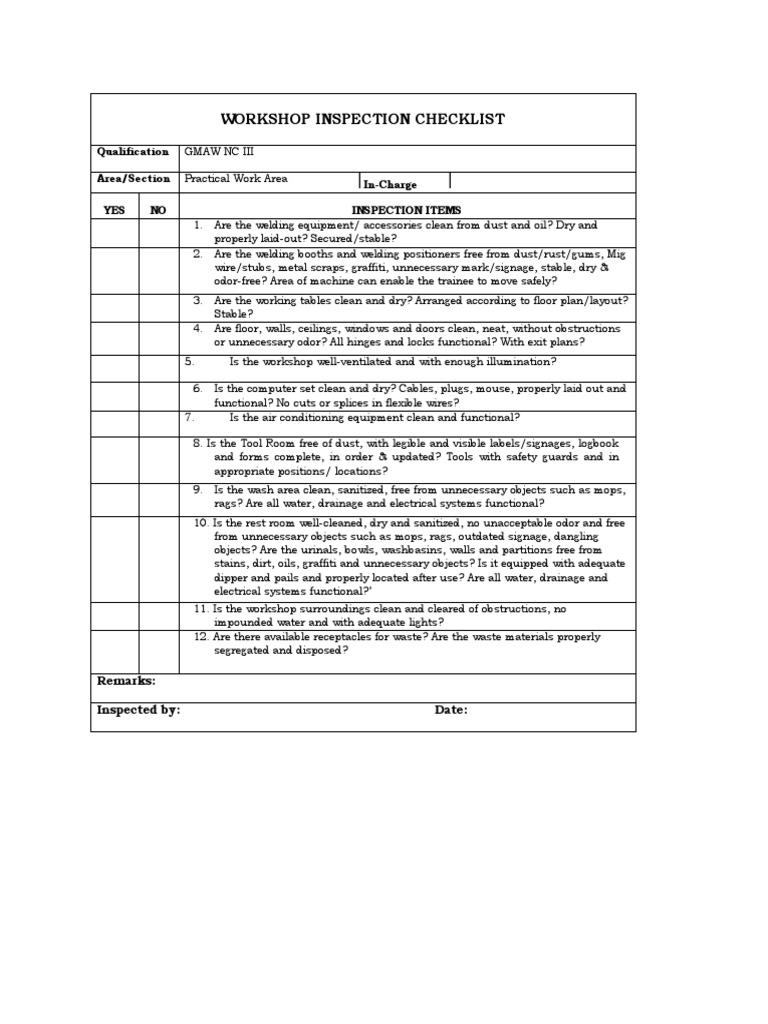 Welding Workshop Inspection Checklist | PDF | Manufactured Goods ...