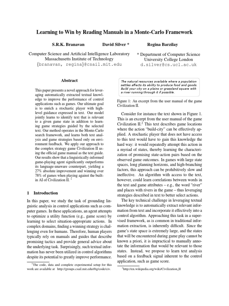 2011 - Learning to Win by Reading Manuals in a Monte-Carlo Framework |  Monte Carlo Method | Parsing