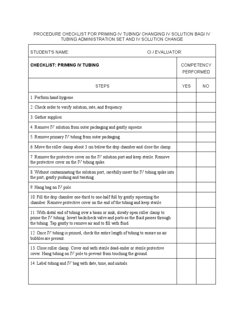 IV Tubing Priming and Change Checklist | PDF | Intravenous Therapy ...