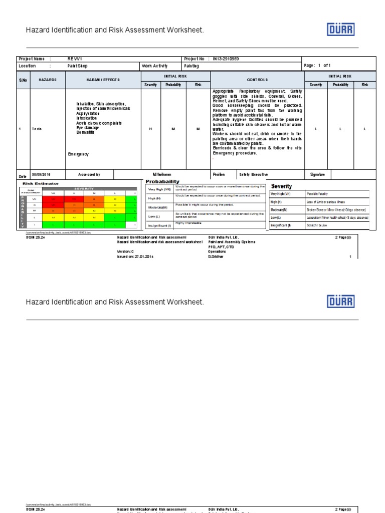 Painting Hazard Risk Assessment Worksheet | PDF | Risk Assessment | Risk