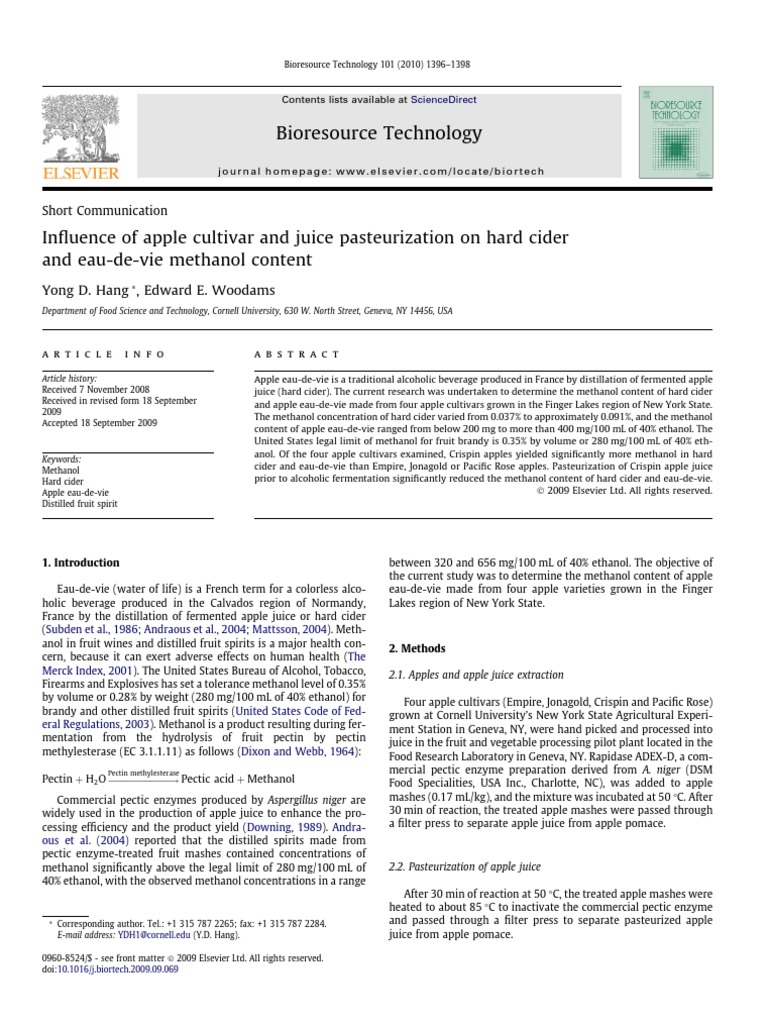 Influence of Apple Cultivar and Juice Pasteurization On Hard Cider Download Free PDF Cider