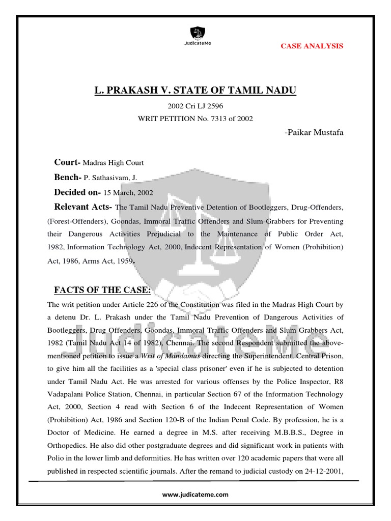 Dr. L. Prakash's Detention Case Analysis | PDF | Remand (Detention ...