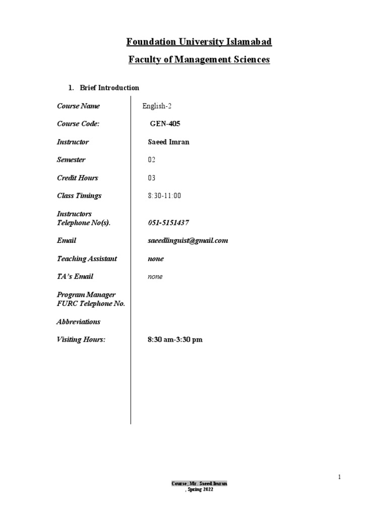 English-2 Course Outline FUI | PDF | Learning | Communication