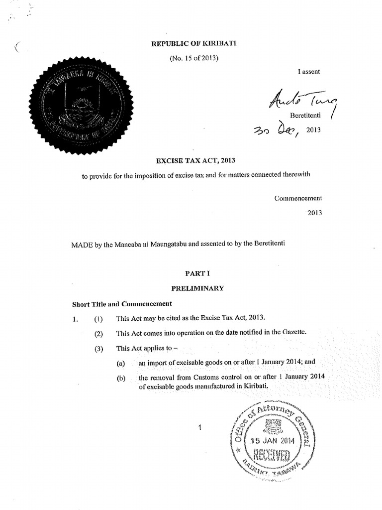 Kiribati Excise, Tax Act No.15 of 2013 PDF