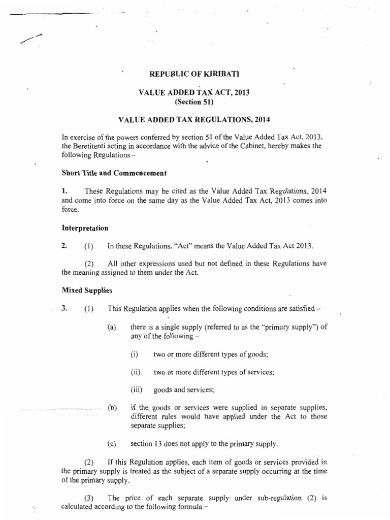 Kiribati VAT Regulations PDF Value Added Tax Gambling