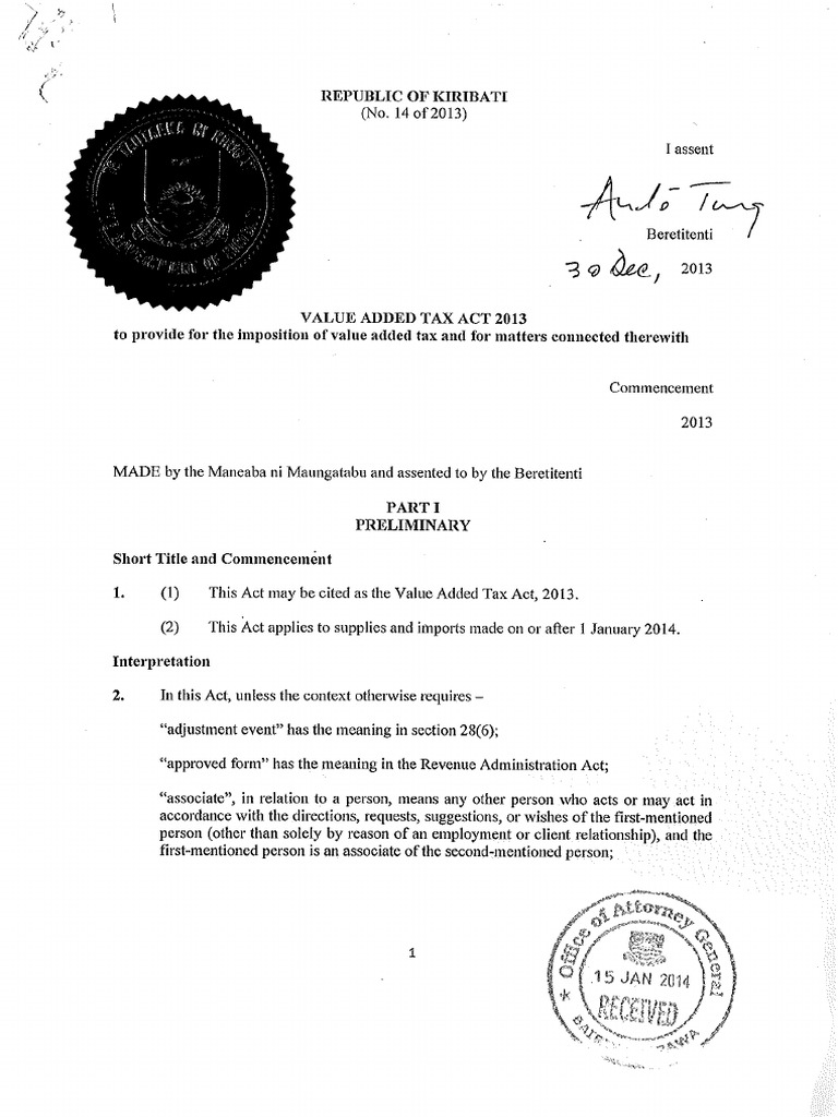 Kiribati Value Added Tax Act No.14 of 2013 PDF