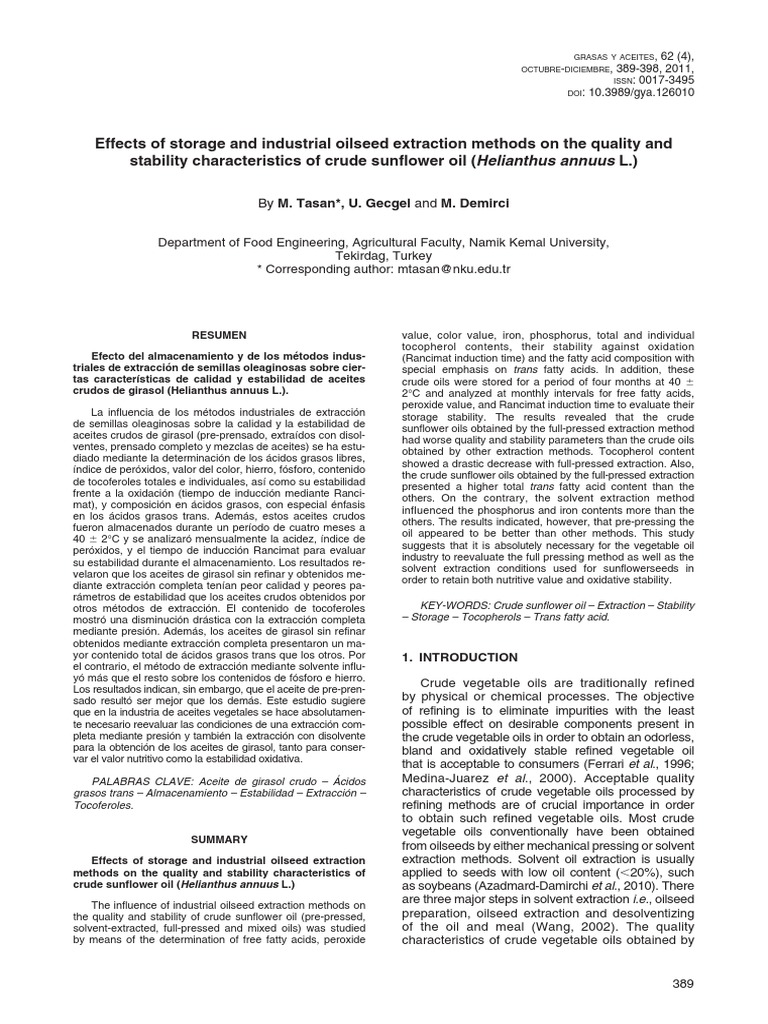 (2011) Effects of Storage and Industrial Oilseed Extraction Methods On